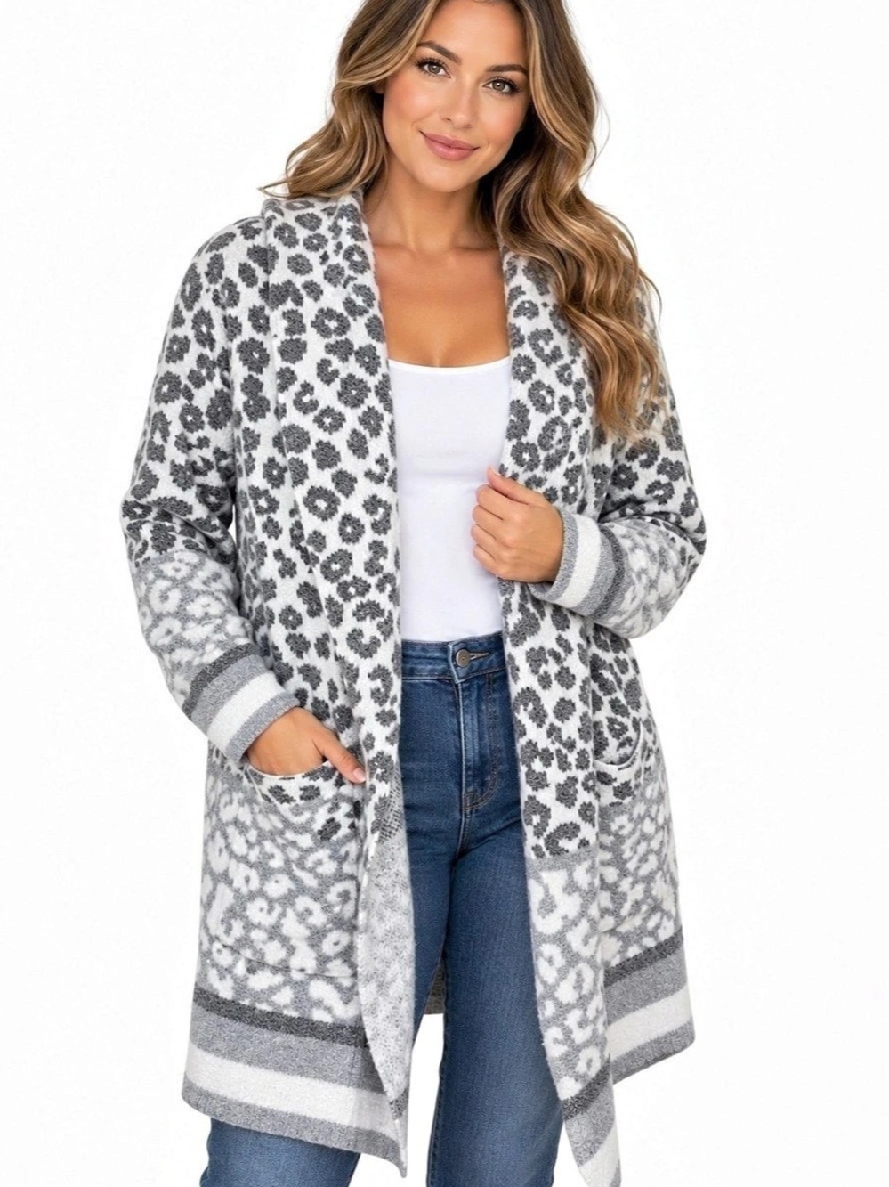 Style & Co. Gray Leopard Animal Print Hooded Open Front Cardigan XL